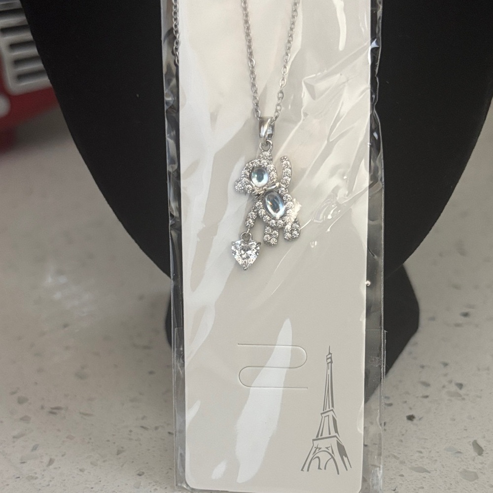 Stainless Steel Silver Blue Crystal Teddy Pendant Necklace